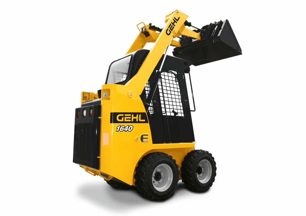 Industriële skidstaander met brandweer geel kleur, ideaal voor bouw en logistiek.