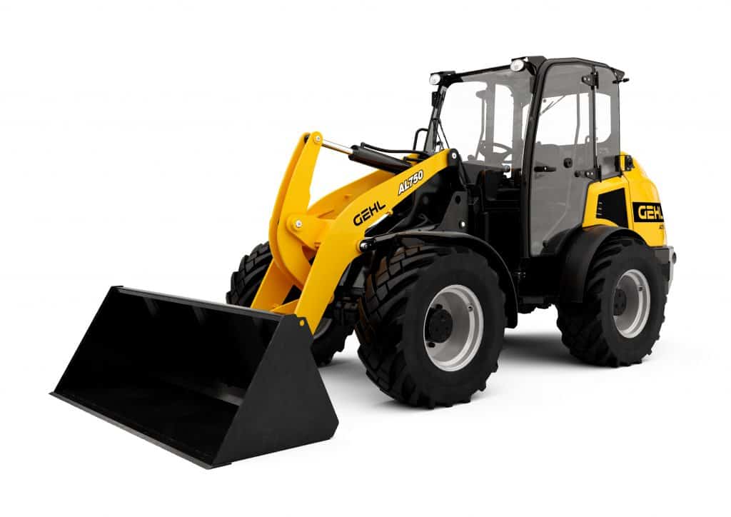 GELIJKDE KOPPELT: Geel en zwart gevaagde skid-ster-achtige boerentrekker voor landbouw en bouw.