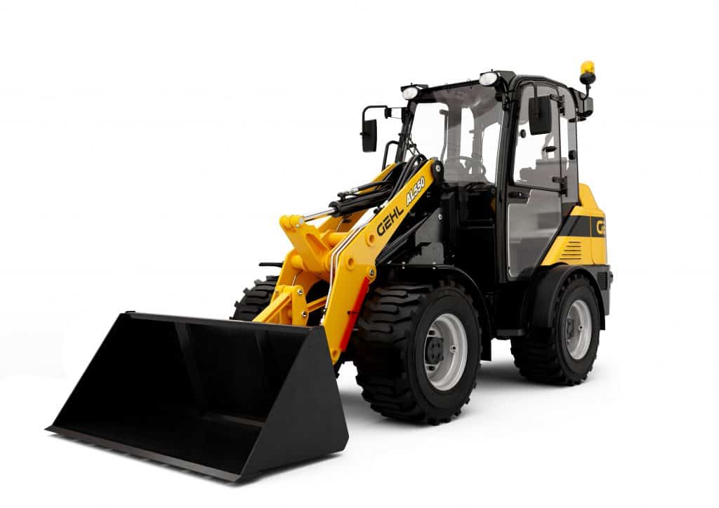 Zware laadmachine met cabine, geel en zwart, geschikt voor bouw- en infrastructuurwerken.