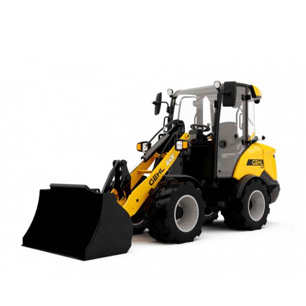 Zwarte en gele mini-kraanwiel met cabine en grote banden, geschikt voor bouw en groenprojecten.