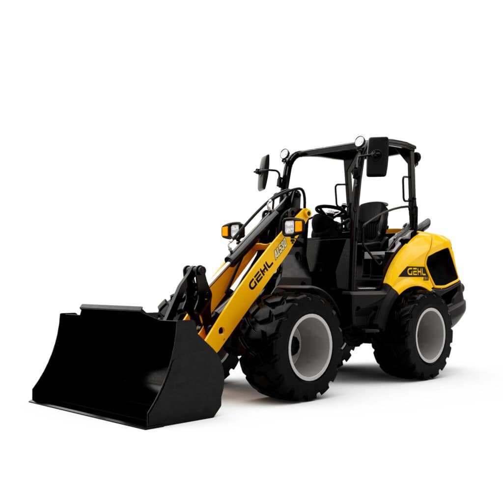 Zweeds mini-klassik tractor met voorlader, geel en zwart, voor tuinbouw en landbouwactiviteiten.