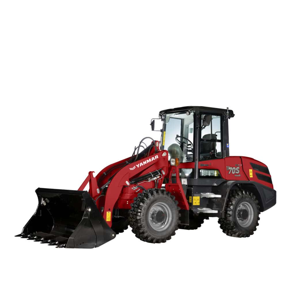 Yanmar VIO80V Compact Wheel Loader met cabine en frontlader, ideaal voor landbouw en bouw.