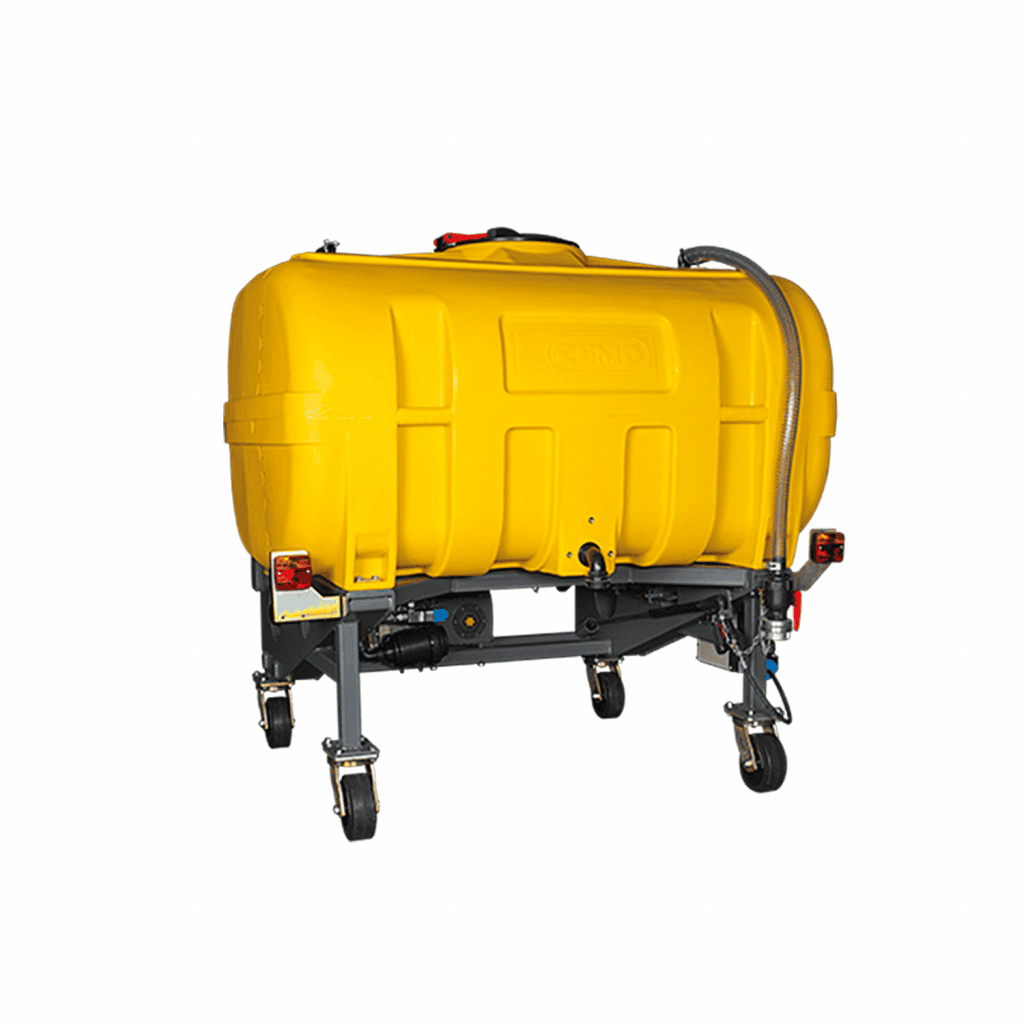 Veilig besproeibare tank met transportwielen voor agrarisch gebruik.