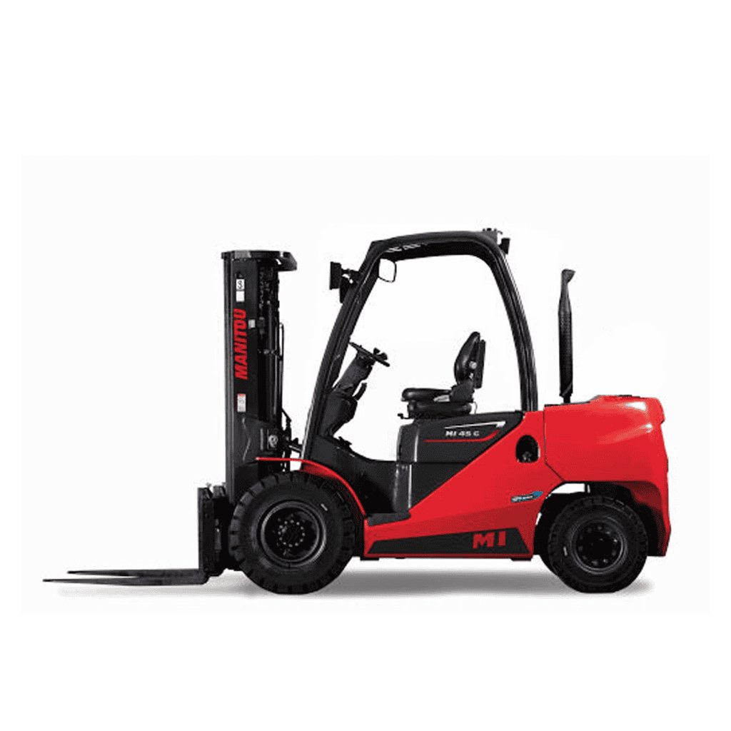 Stapelwagen met laadplatform en cabine, geschikt voor logistiek en magazijnbeheer.