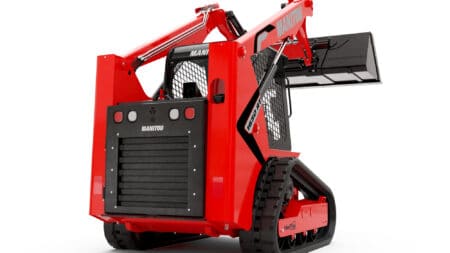 Mini skid steer met tracks, krachtige graafmachine, bouwmachines, MANITOU mini loader, off-road shuttle, zware machinale apparatuur.