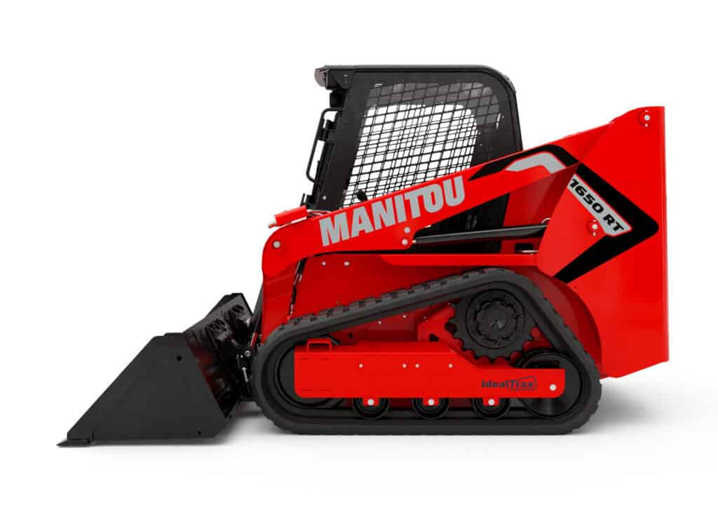 Compacte skidloader Manitou 1650 RT in rood en zwart voor professionele bouw en tuinprojecten.
