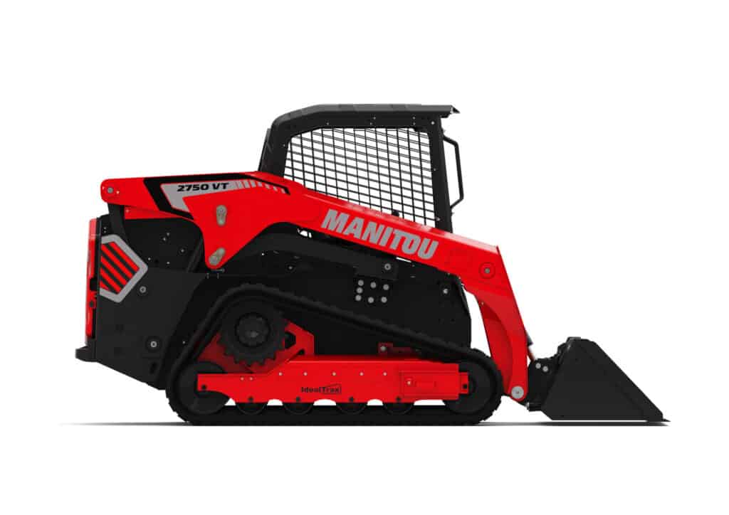 Robuuste Manitou skid steer loader met zwart en rood design, ideaal voor terreinwerk.