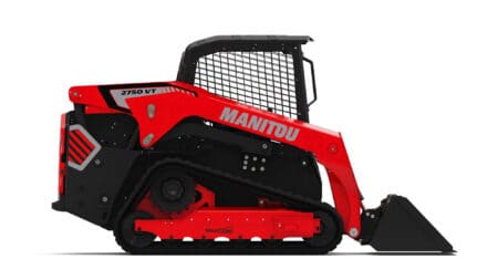 Robuuste Manitou skid steer loader met zwart en rood design, ideaal voor terreinwerk.