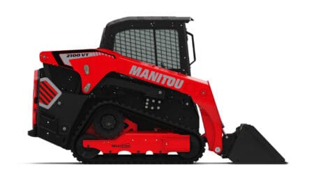 Compacte skidloader MANITOU 2100 VT met krachtig ontwerp en rubberen rupsen voor diverse bouw- en landbouwtoepassingen.