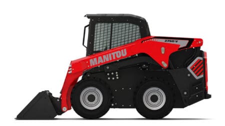 Compacte elektrische skidlaar met laadvermogen en robuuste bouw voor industriële toepassingen.