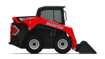 Compacte skid-steer loader met cabine en robuuste bouw, ideaal voor bouw en tuinprojecten.