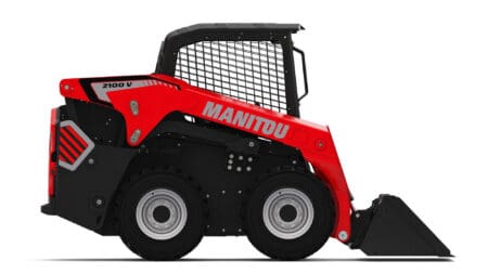 Compacte Manitou skidstapelaar met krachtige hefcapaciteit voor industrieel gebruik.