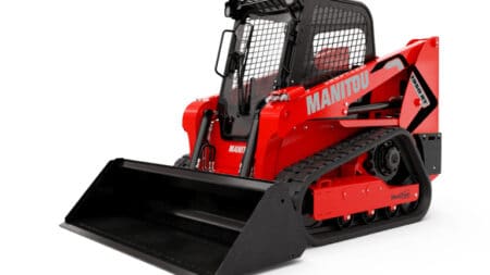 Klein puntmodel van een Manitou minitractor met rupsen en bouwschop.