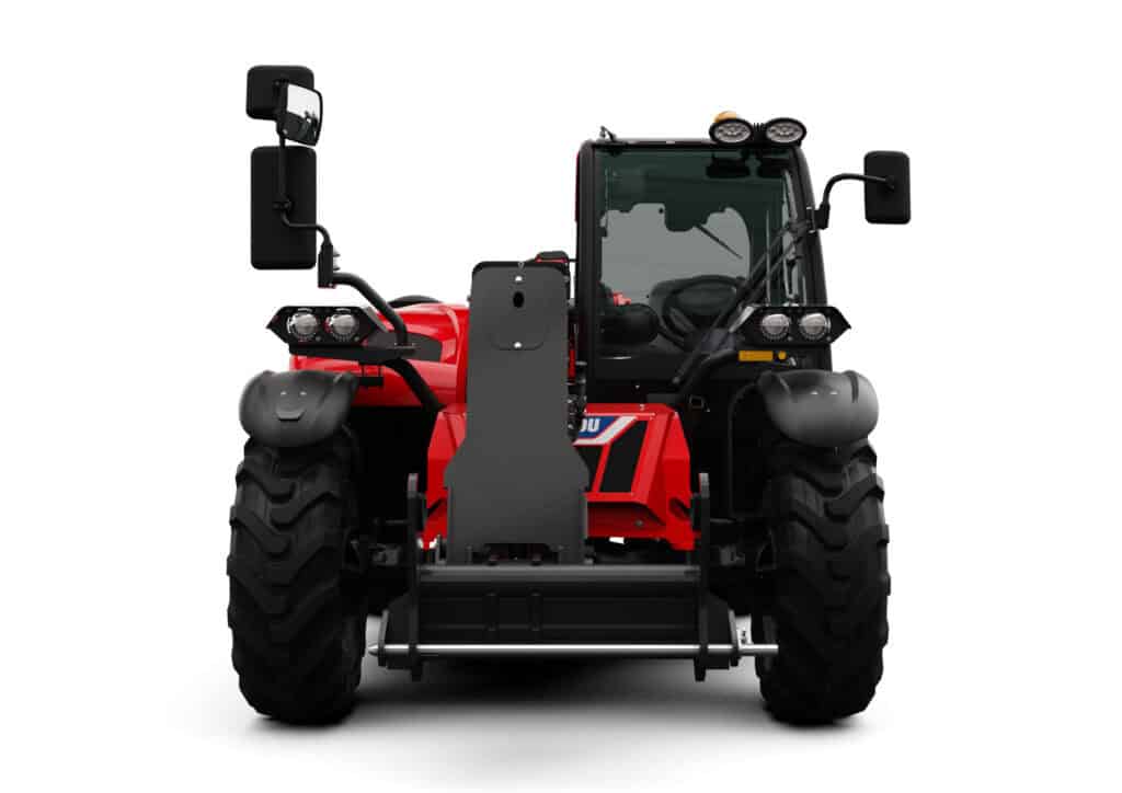 Robuuste rode tractor met cabine en grote banden voor landbouwgebruik.