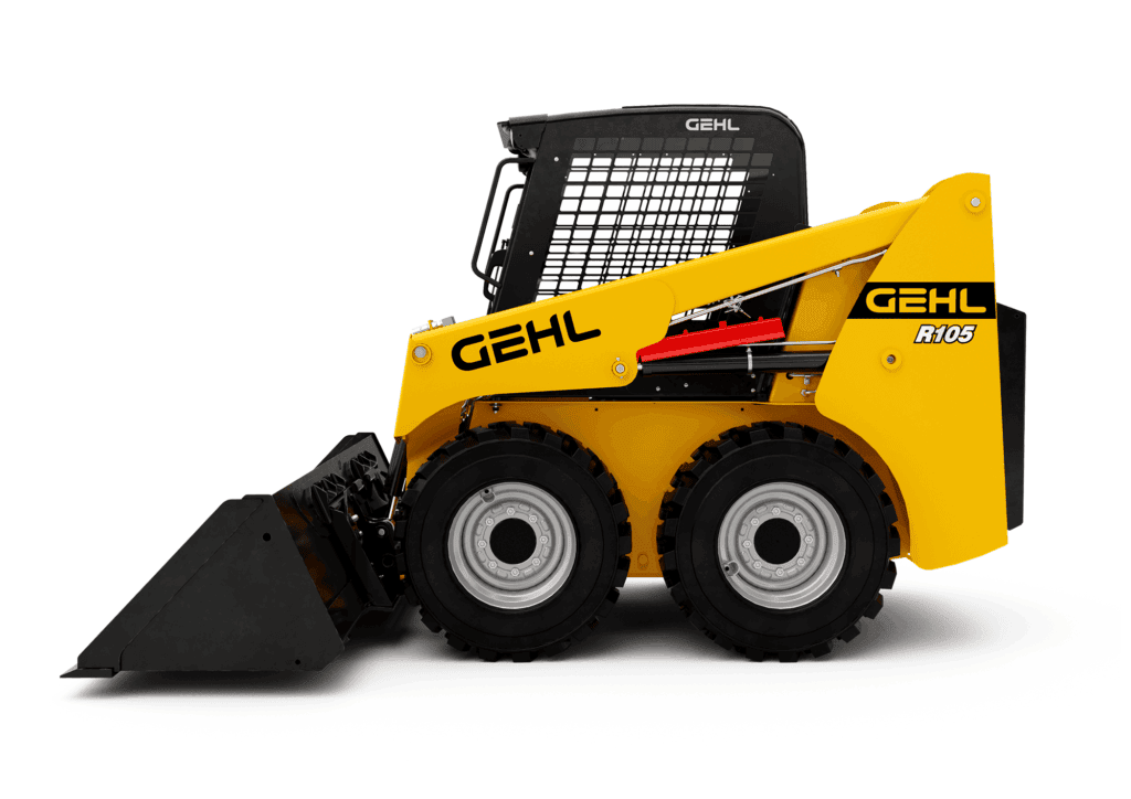 Mini skidloader op wiellucht met merk GEHL, geavanceerde bouwmachine voor compacte werkzaamheden, opbrengst en veelzijdigheid garanderen.