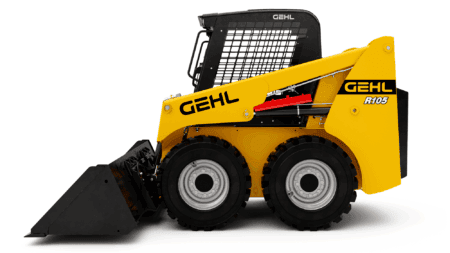 Mini skidloader op wiellucht met merk GEHL, geavanceerde bouwmachine voor compacte werkzaamheden, opbrengst en veelzijdigheid garanderen.