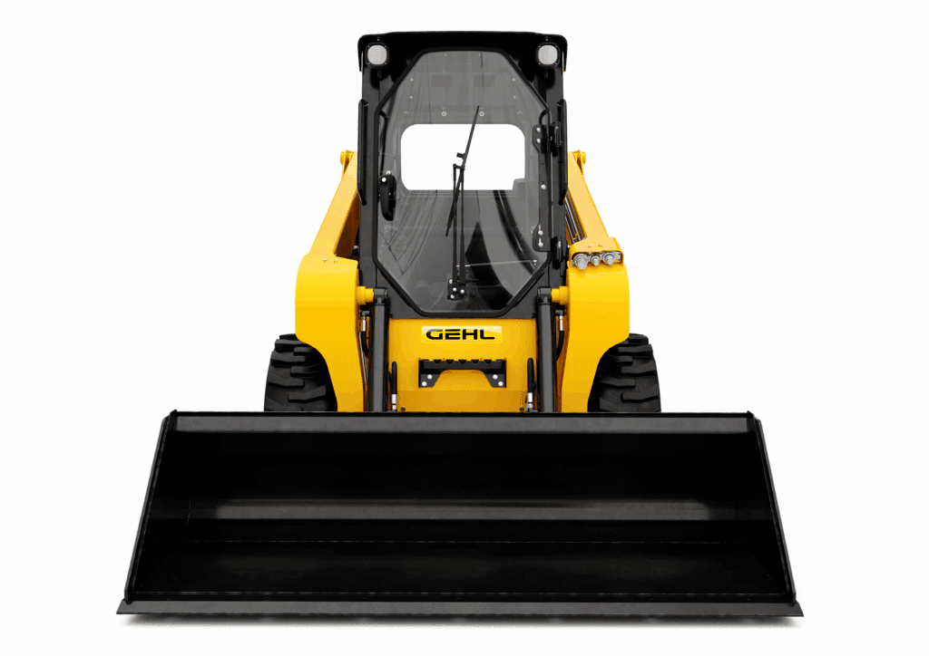 Robuuste compacte graafmachine met cabine en laadbak voor bouw of tuinonderhoud.