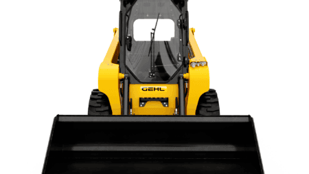 Robuuste compacte graafmachine met cabine en laadbak voor bouw of tuinonderhoud.