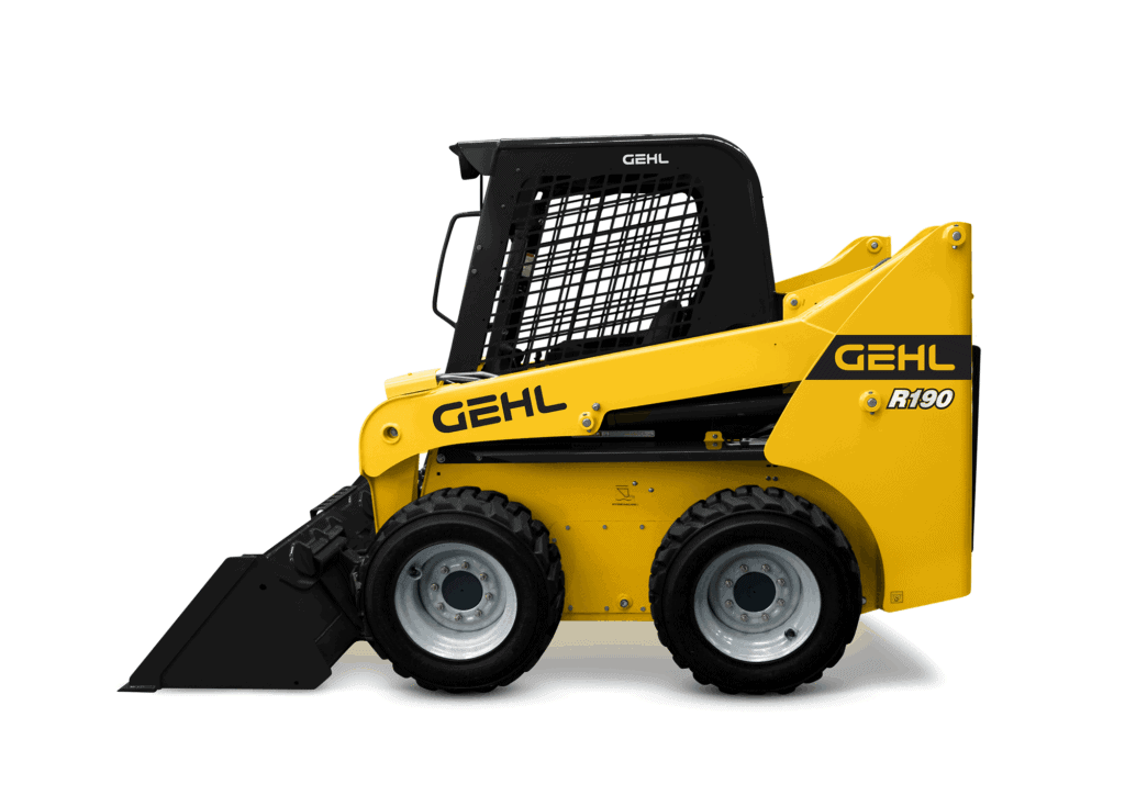 Geel en zwart skid-steer loader van GEHL voor bouw en landbouw, compact en krachtig.