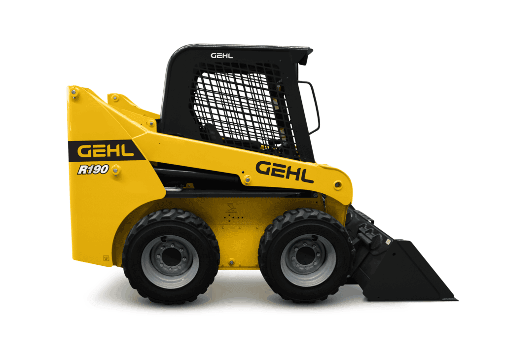 Gehl mini skid loader R190 in geel en zwart, professionele bouwmachines voor grondverzet.