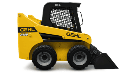 Gehl mini skid loader R190 in geel en zwart, professionele bouwmachines voor grondverzet.