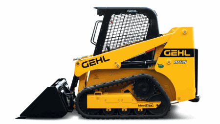Compacte geleide minikraan van Gehl met rubberen rupsen voor diverse bouwtoepassingen.