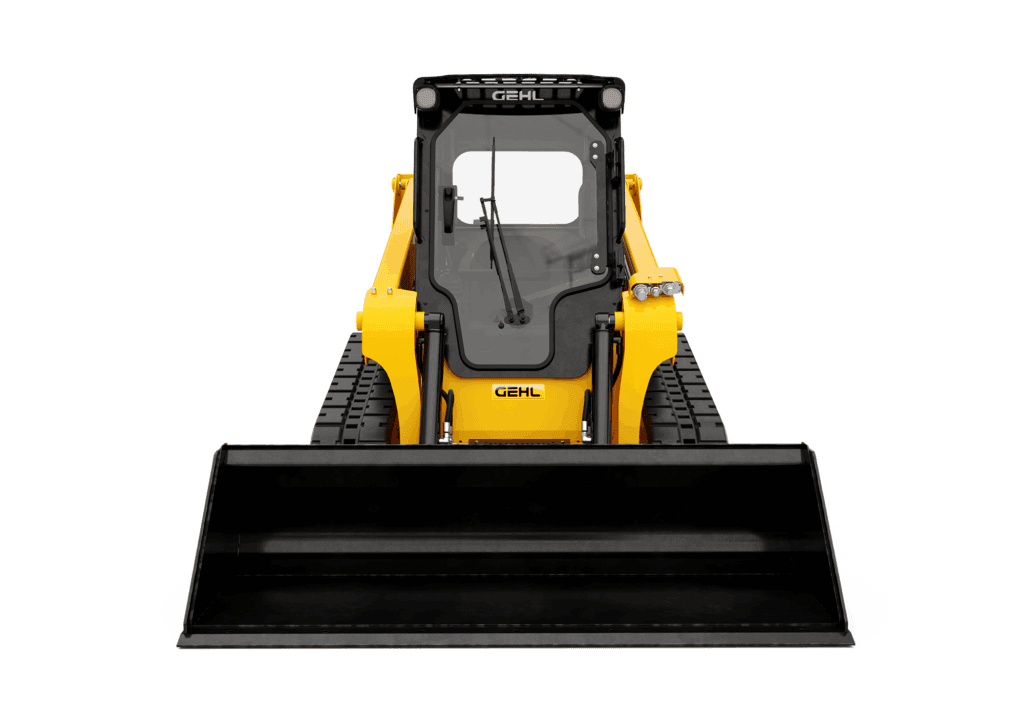 Zwarte en gele mini-loaderschop met cabine, geschikt voor bouw en tuinwerkzaamheden.