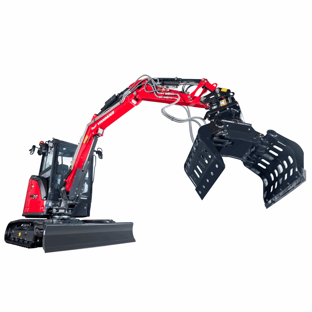 Compacte mini-arm met graafmachine voor landbouw en bouw, geschikt voor diverse taken.