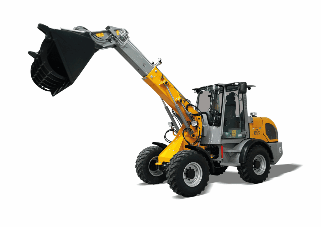 Kleine graafmachine met uittrekbare arm en bak, geschikt voor bouw- en grondwerken.