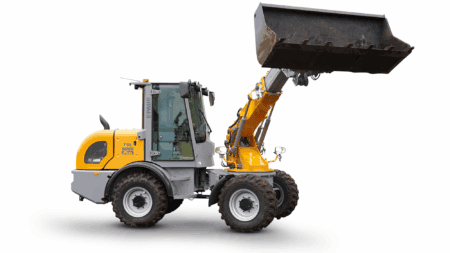 Zware graafmachine met laadbak voor bouw en civiele techniek.