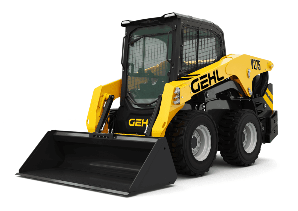 Compacte Gehl skid steer loader met cabine voor bouw en tuinonderhoud.