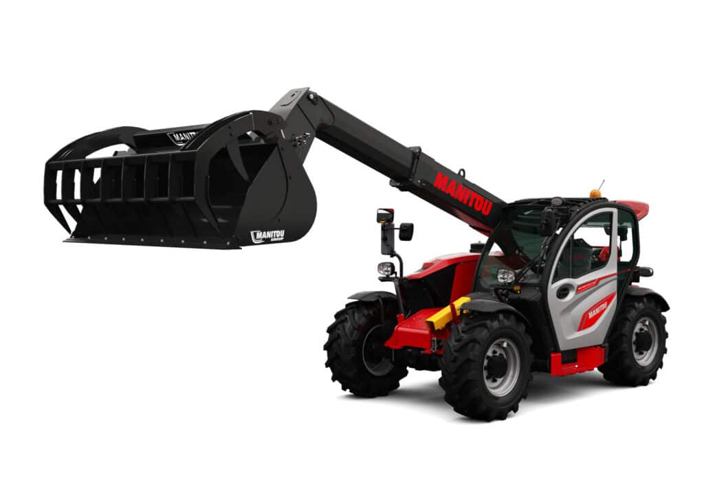 Zware bouwmachine met losse grijper en cabine, geschikt voor landbouw en constructie.