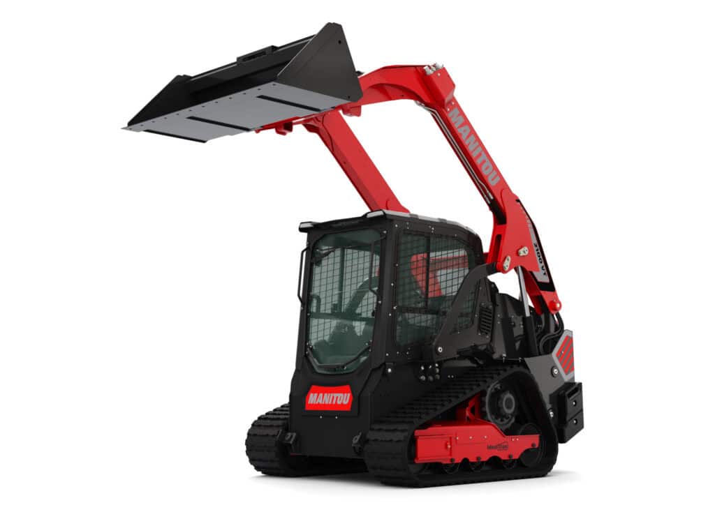 Compacte minibobcat met laadarm en cabine, ideaal voor bouw en tuinwerk.