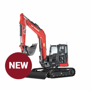 Kleine graafmachine Yanmar met cabine en banden, geschikt voor bouw en grondwerken.