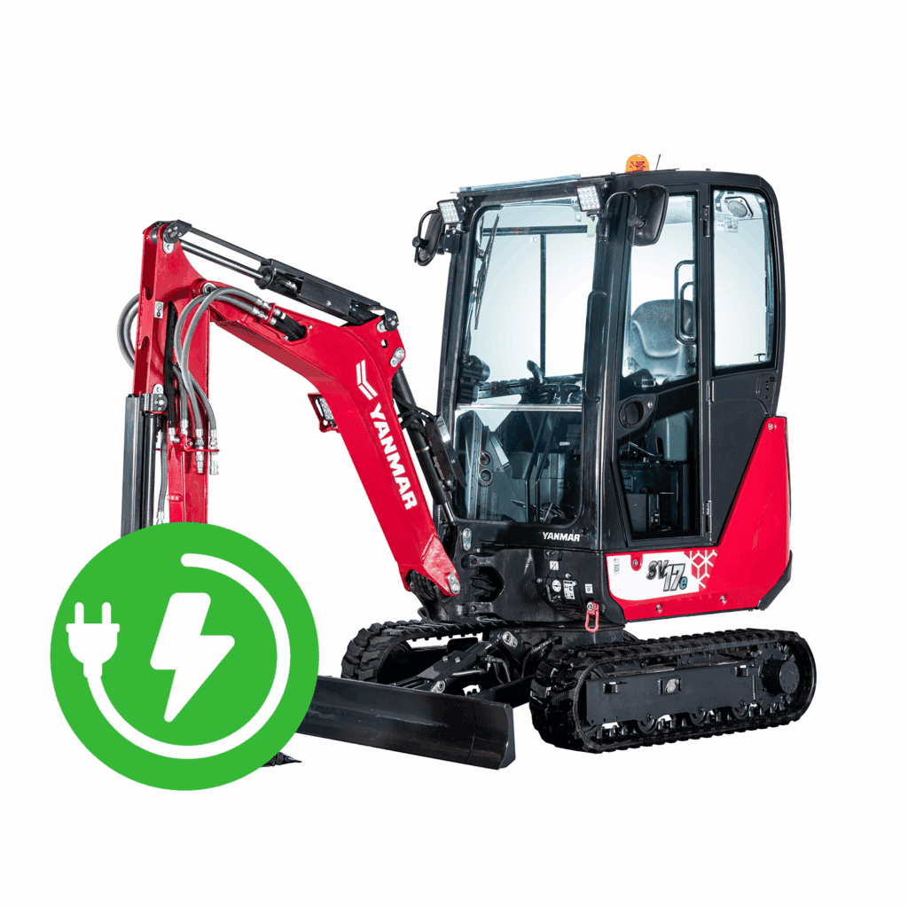 Compacte elektrische mini graver met cabine, ideaal voor grondwerken en milieuvriendelijk werk.