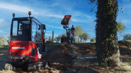 - Compacte Yanmar hijskraan voor houtbewerking en tuinprojecten.