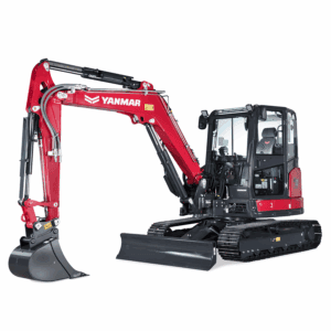 Rode en zwarte Yanmar mini excavator voor bouw en tuinprojecten.