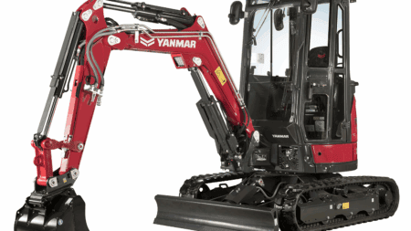 Compacte graafmachine van Yanmar met cabine en rubberen rupsbanden, ideaal voor aanbestedings- en bouwprojecten.